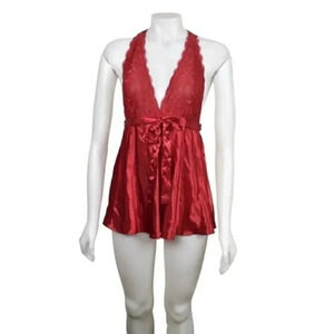 La Vie En Rose Satin Babydoll Lace Tie Waist Deep  V Size Small